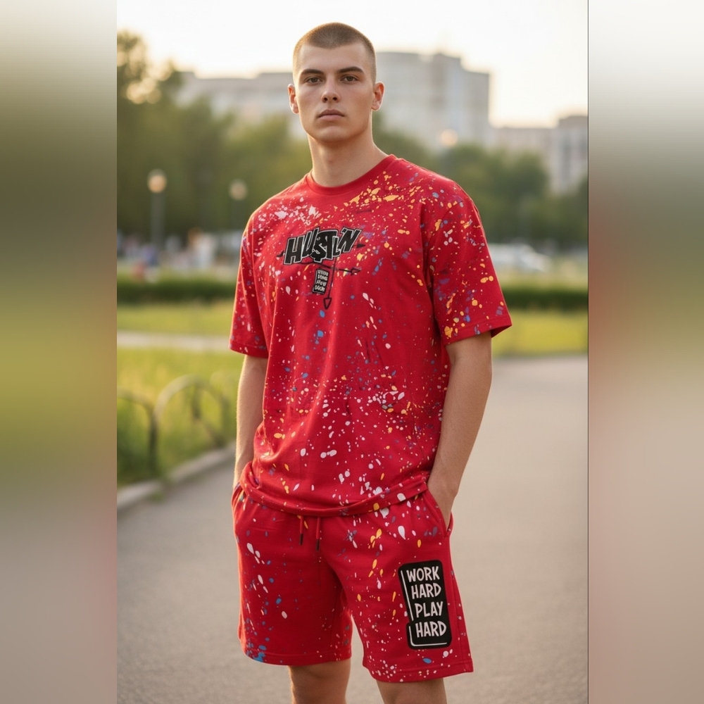 "Hustlin" Galaxy By Harvic Red Splatter Men's Tee & Shorts Size XL NWT